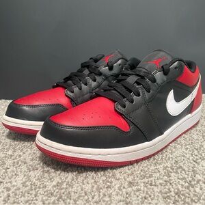 Men’s Red, Black and White Jordan 1 Low Top Sneakers